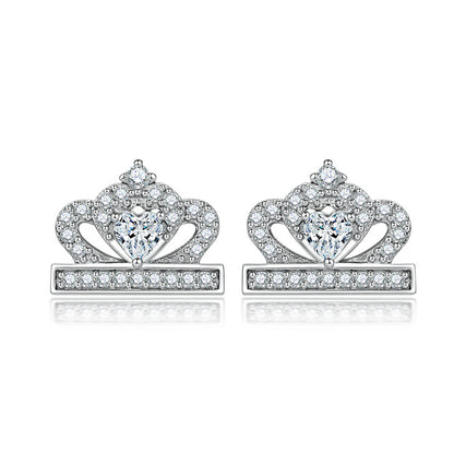 925 Sterling Silver Crown Heart Stud Earrings – Elegant Zircon Bow Design