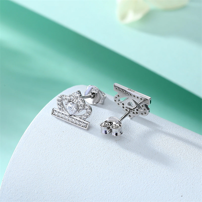 925 Sterling Silver Crown Heart Stud Earrings – Elegant Zircon Bow Design