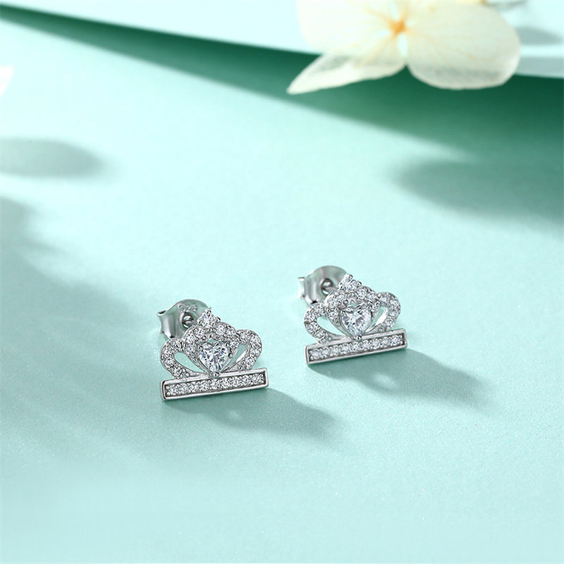 925 Sterling Silver Crown Heart Stud Earrings – Elegant Zircon Bow Design
