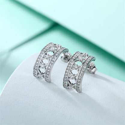 925 Sterling Silver Crown Hoop Earrings for Women Elegant Zircon Half-Circle Earrings White Gold Plate