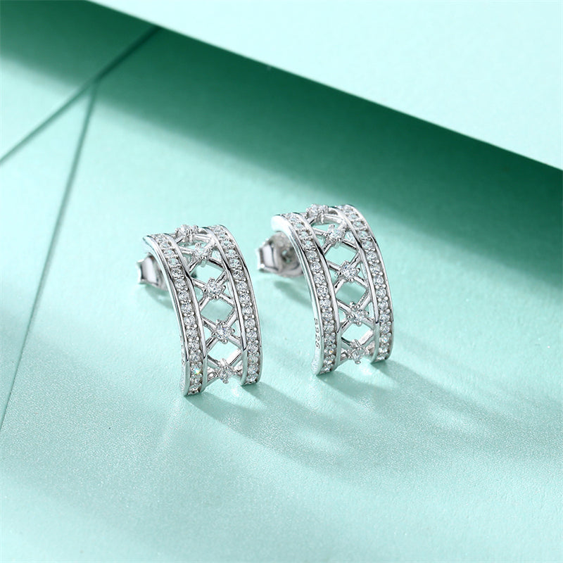 925 Sterling Silver Crown Hoop Earrings for Women Elegant Zircon Half-Circle Earrings White Gold Plate
