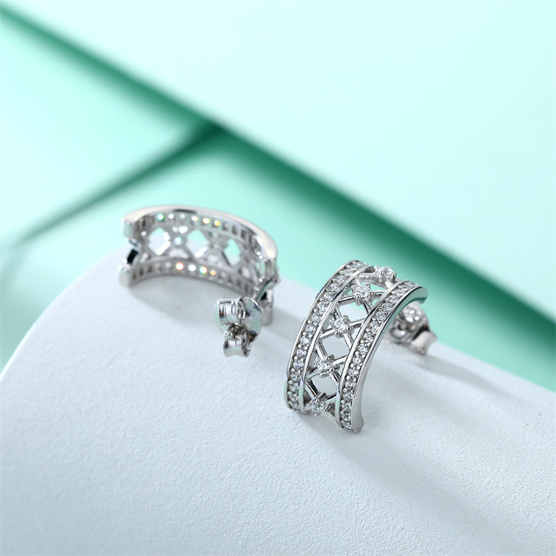 925 Sterling Silver Crown Hoop Earrings for Women Elegant Zircon Half-Circle Earrings White Gold Plate