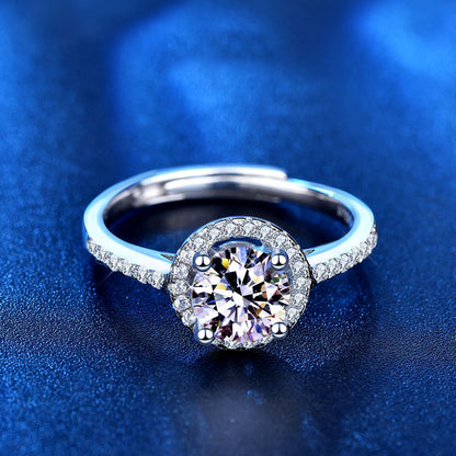 Elegant 1ct/2ct D Color Moissanite Women's Ring-Adjustable Open/Closed Heart & Arrow Zircon Halo, Fashion OL White Gold Plated Geometric Wedding Band (Sizes 5-8)