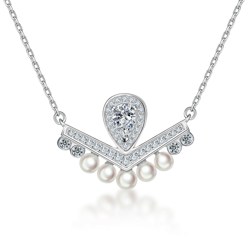 925 Sterling Silver Crown Pearl Pendant Necklace - Elegant Teardrop & Zirconia Collarbone Chain