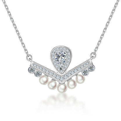 925 Sterling Silver Crown Pearl Pendant Necklace - Elegant Teardrop & Zirconia Collarbone Chain