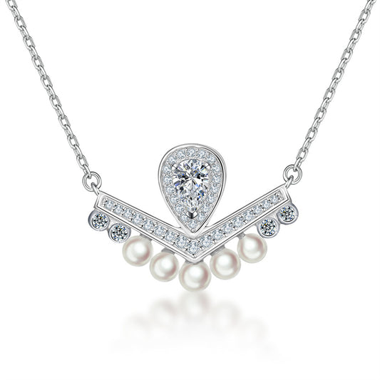 925 Sterling Silver Crown Pearl Pendant Necklace - Elegant Teardrop & Zirconia Collarbone Chain