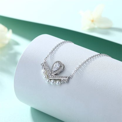 925 Sterling Silver Crown Pearl Pendant Necklace - Elegant Teardrop & Zirconia Collarbone Chain