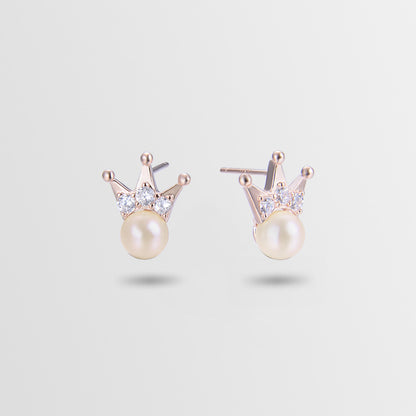 925 Sterling Silver Crown Pearl Stud Earrings - Korean Style Mother-of-Pearl Earrings with Diamond Accents & Plastic Ear Stoppers