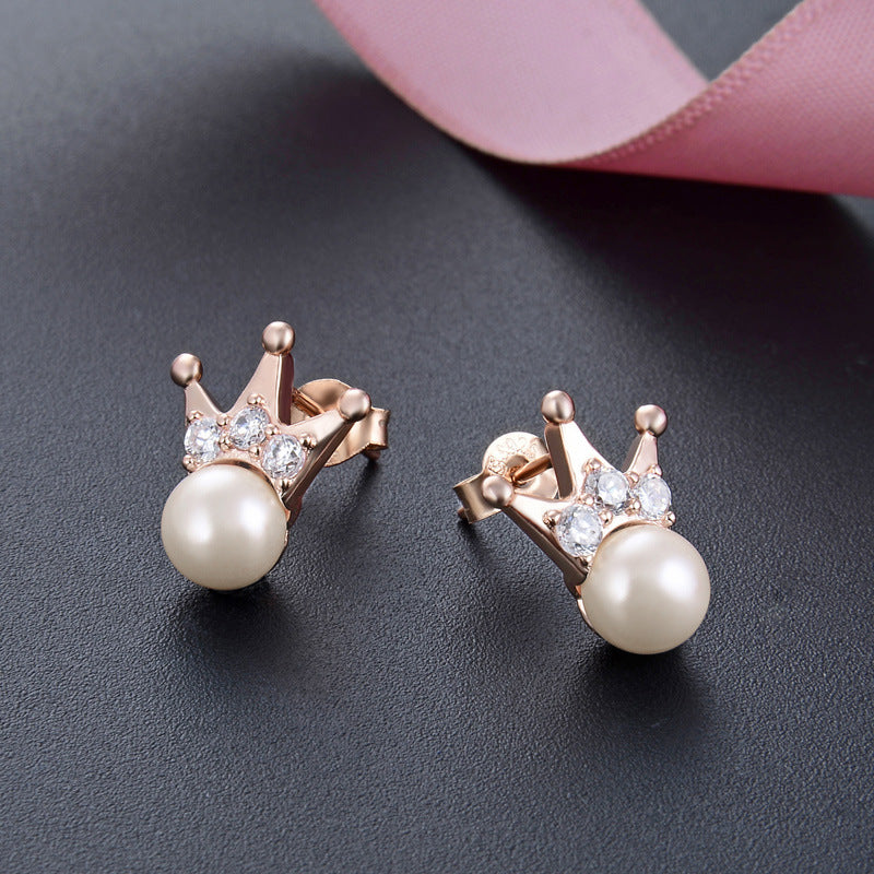 925 Sterling Silver Crown Pearl Stud Earrings - Korean Style Mother-of-Pearl Earrings with Diamond Accents & Plastic Ear Stoppers