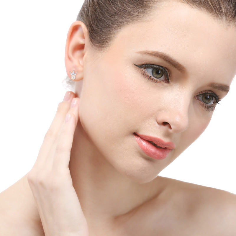 925 Sterling Silver Crown Pearl Stud Earrings - Korean Style Mother-of-Pearl Earrings with Diamond Accents & Plastic Ear Stoppers