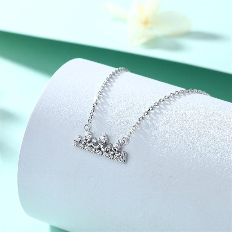 925 Sterling Silver Crown Pendant Necklace - Elegant Princess Collarbone Chain with Zirconia