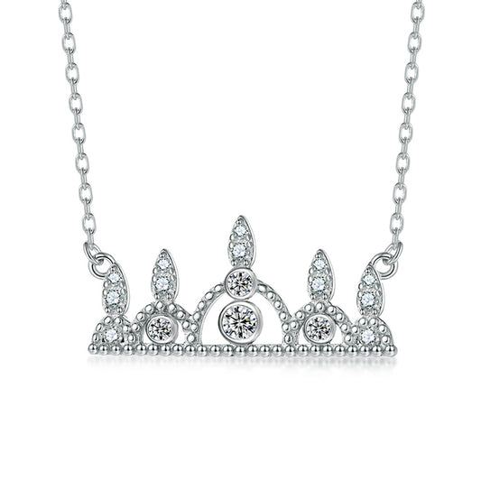 925 Sterling Silver Crown Pendant Necklace - Princess Style Full Zirconia Crystal Collarbone Chain