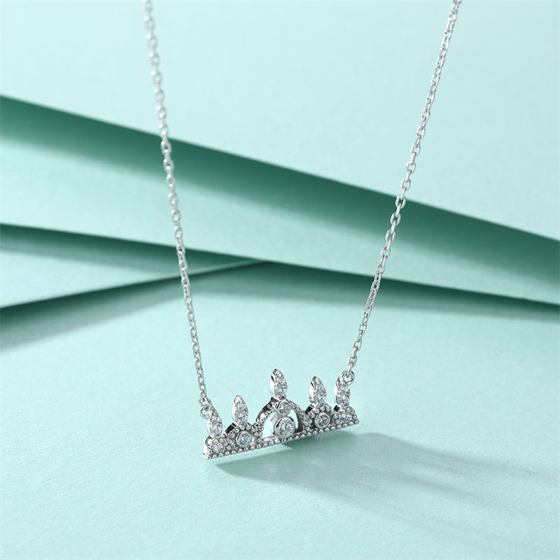 925 Sterling Silver Crown Pendant Necklace - Princess Style Full Zirconia Crystal Collarbone Chain