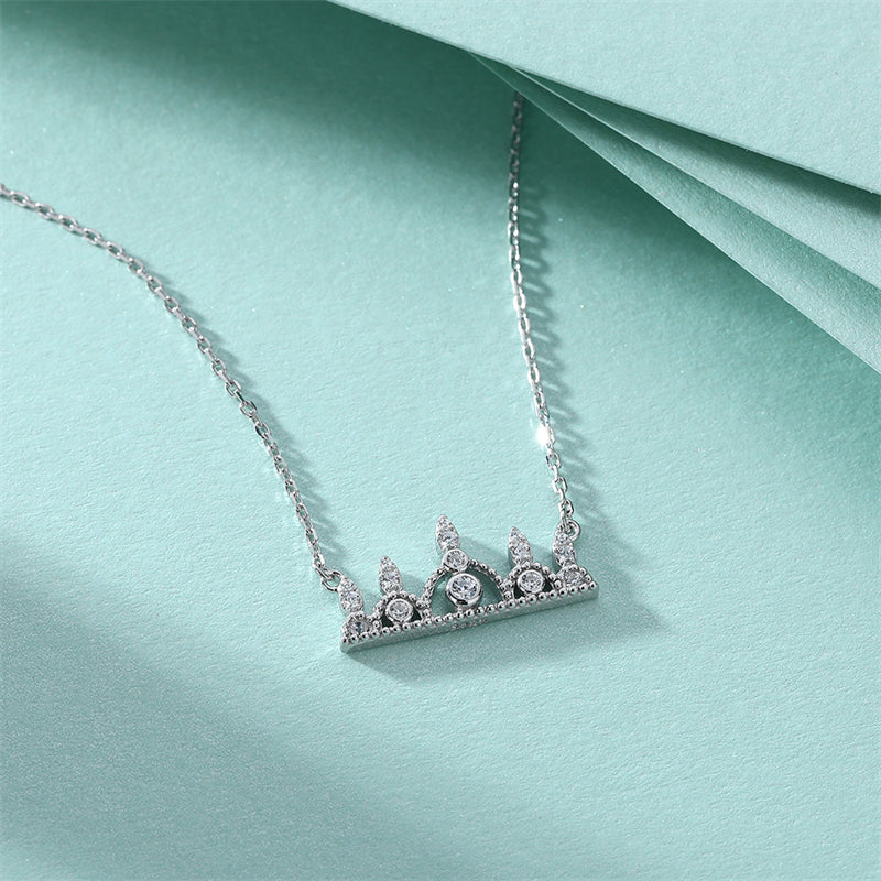 925 Sterling Silver Crown Pendant Necklace - Princess Style Full Zirconia Crystal Collarbone Chain