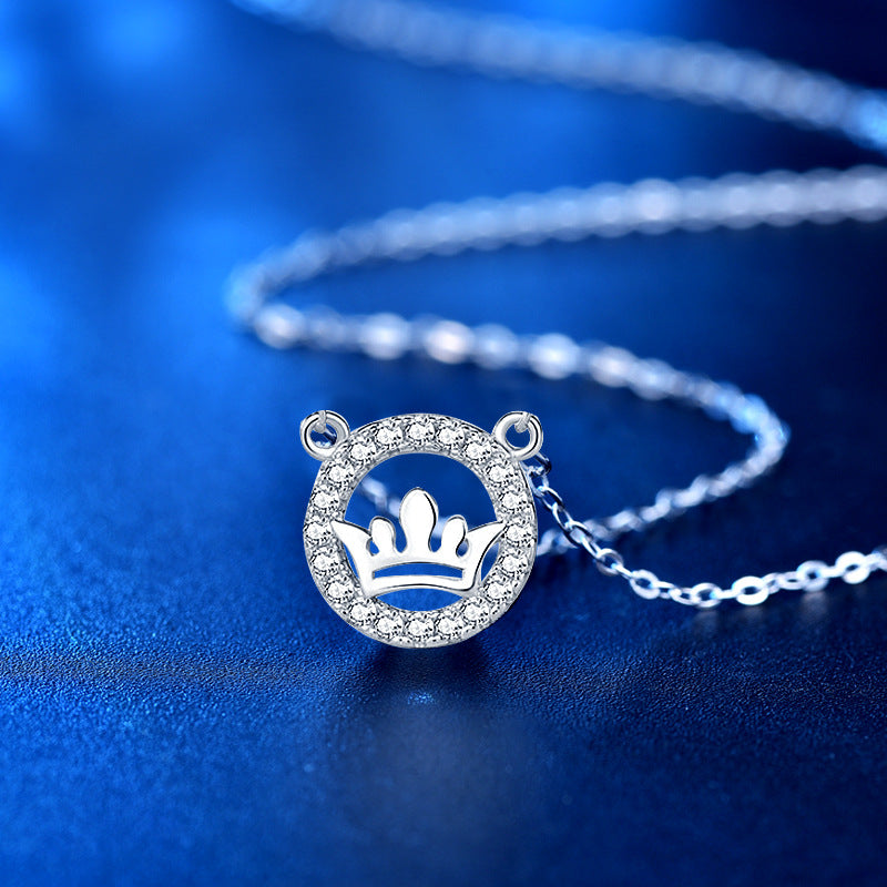 925 Sterling Silver Crown Pendant Necklace with Zircon White Gold or Rose Gold Plated Korean Style Dainty Jewelry