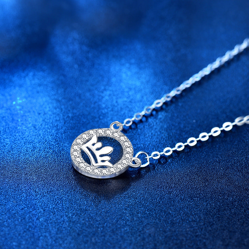 925 Sterling Silver Crown Pendant Necklace with Zircon White Gold or Rose Gold Plated Korean Style Dainty Jewelry