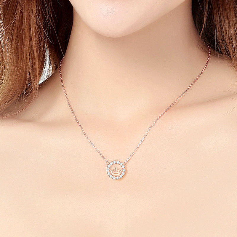 925 Sterling Silver Crown Pendant Necklace with Zircon White Gold or Rose Gold Plated Korean Style Dainty Jewelry