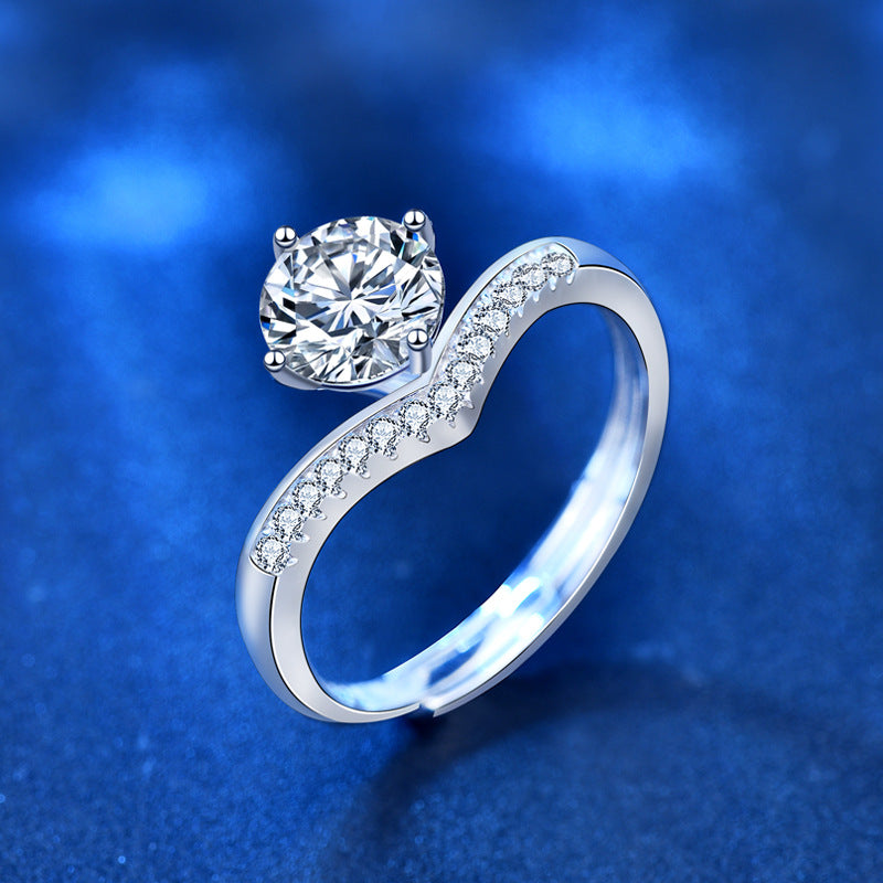 925 Sterling Silver Crown Ring with 1ct Moissanite - White Gold Plated Adjustable Women's Band