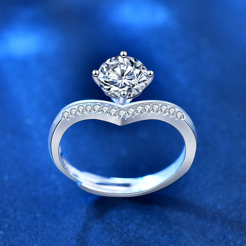 925 Sterling Silver Crown Ring with 1ct Moissanite - White Gold Plated Adjustable Women's Band