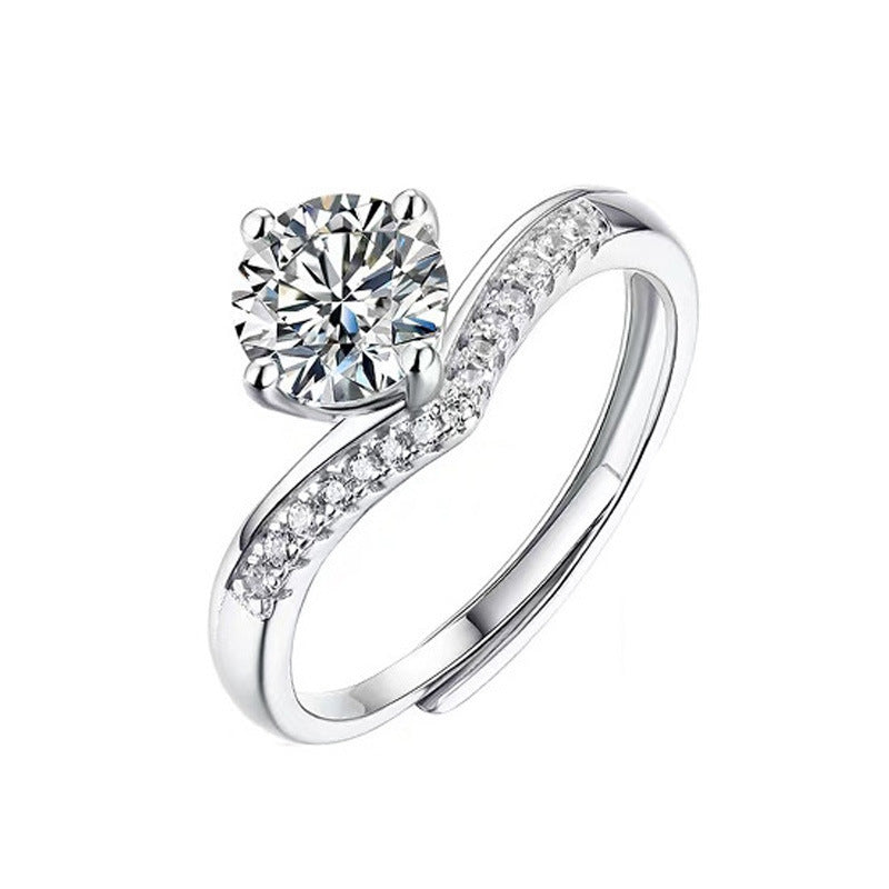 925 Sterling Silver Crown Ring with 1ct Moissanite - White Gold Plated Adjustable Women's Band