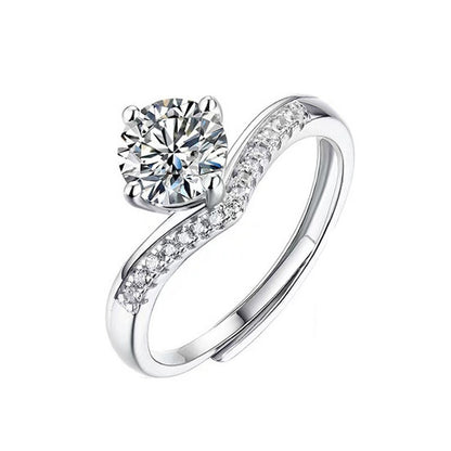 925 Sterling Silver Crown Ring with 1ct Moissanite - White Gold Plated Adjustable Women's Band