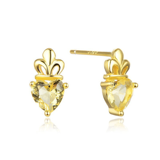 925 Sterling Silver Crown Stud Earrings - Gold Plated Korean Style Princess Earrings with Plastic Backs