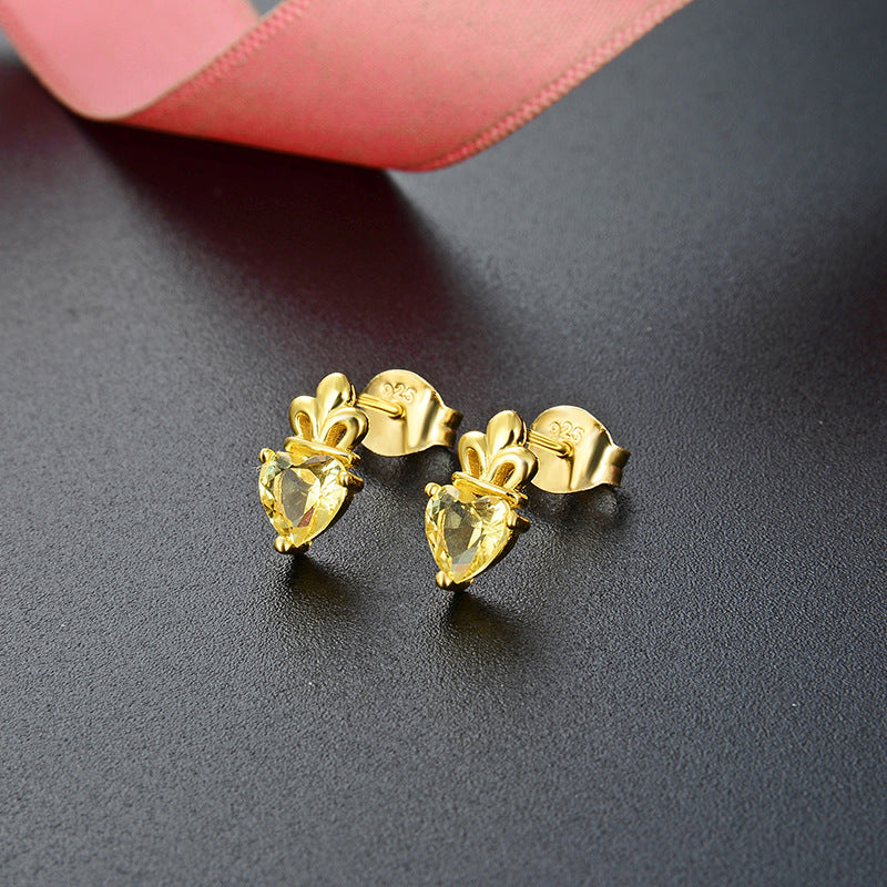 925 Sterling Silver Crown Stud Earrings - Gold Plated Korean Style Princess Earrings with Plastic Backs