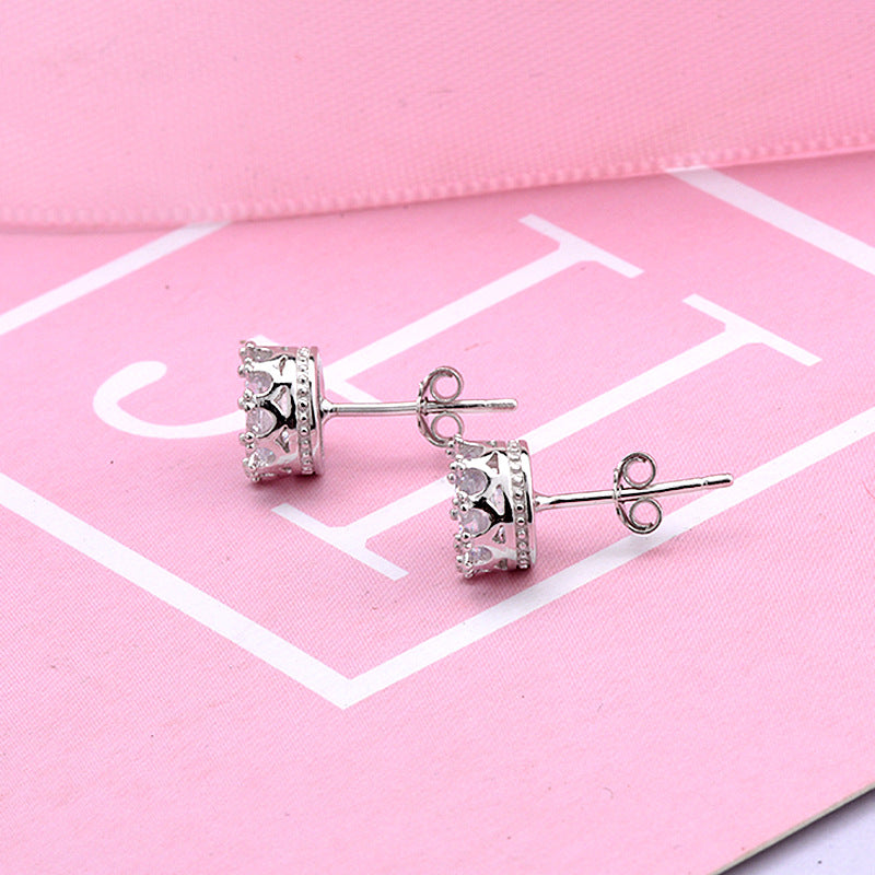 925 Sterling Silver Crown Stud Earrings with Zircon - White Gold Plated Casual Royal Jewelry for Women
