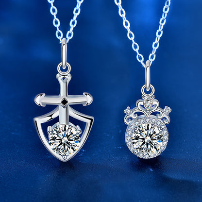 925 Sterling Silver Crown & Cross Couple Pendant Necklace Set Matching His & Hers 1ct Moissanite Jewelry