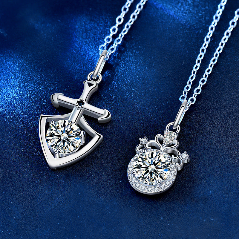 925 Sterling Silver Crown & Cross Couple Pendant Necklace Set Matching His & Hers 1ct Moissanite Jewelry