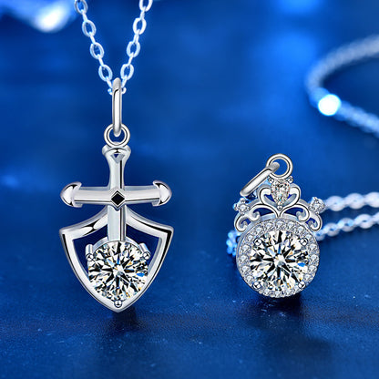 925 Sterling Silver Crown & Cross Couple Pendant Necklace Set Matching His & Hers 1ct Moissanite Jewelry