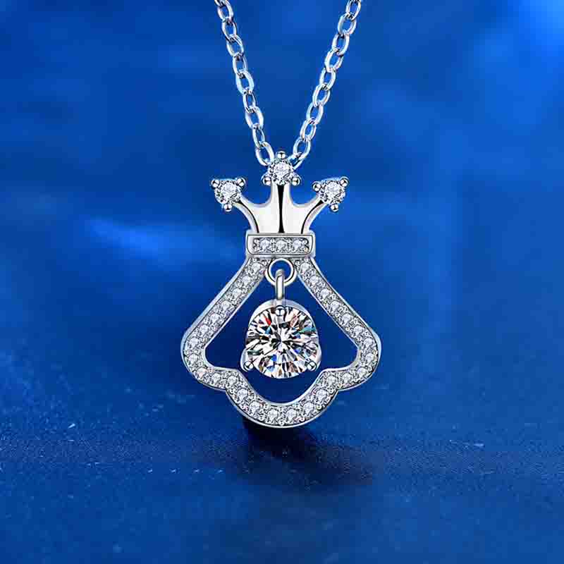 925 Sterling Silver Crown & Dress Pendant Necklace with 0.5ct Moissanite Cross Chain Women's Original Design Jewelry
