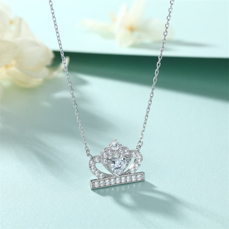 925 Sterling Silver Crown & Heart Pendant Necklace - Princess Inspired Jewelry