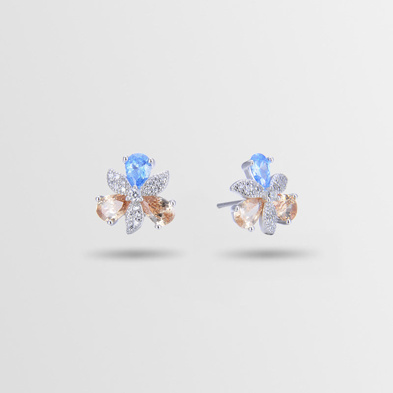 925 Sterling Silver Crystal Floral Stud Earrings - Korean Style Geometric Flower Earrings with Plastic Backs