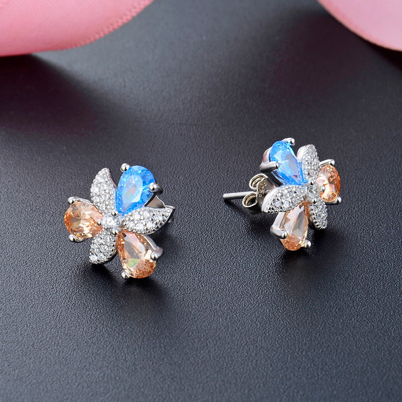 925 Sterling Silver Crystal Floral Stud Earrings - Korean Style Geometric Flower Earrings with Plastic Backs