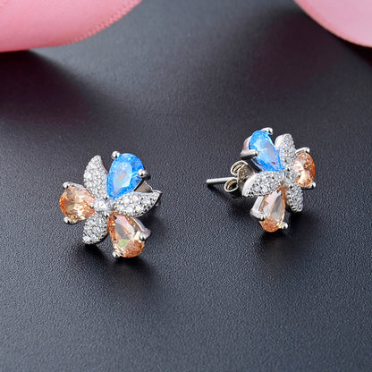 925 Sterling Silver Crystal Floral Stud Earrings - Korean Style Geometric Flower Earrings with Plastic Backs