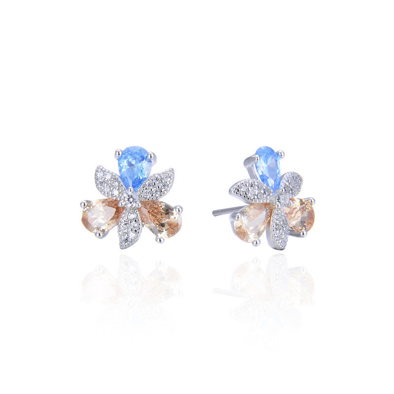 925 Sterling Silver Crystal Floral Stud Earrings - Korean Style Geometric Flower Earrings with Plastic Backs