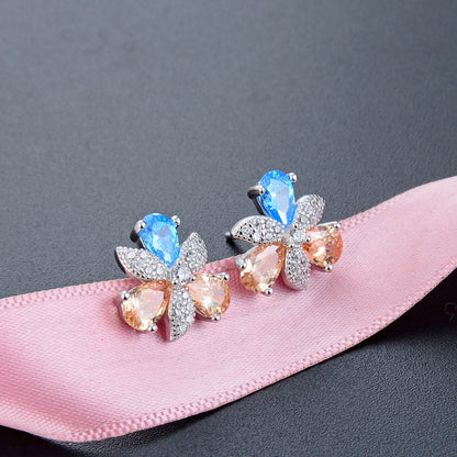 925 Sterling Silver Crystal Floral Stud Earrings - Korean Style Geometric Flower Earrings with Plastic Backs