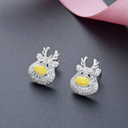 925 Sterling Silver Cute Animal Stud Earrings with Cubic Zirconia - Minimalist Geometric Design, Sweet Style, Plastic Ear Stoppers Included