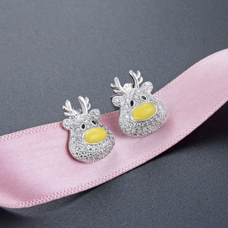 925 Sterling Silver Cute Animal Stud Earrings with Cubic Zirconia - Minimalist Geometric Design, Sweet Style, Plastic Ear Stoppers Included