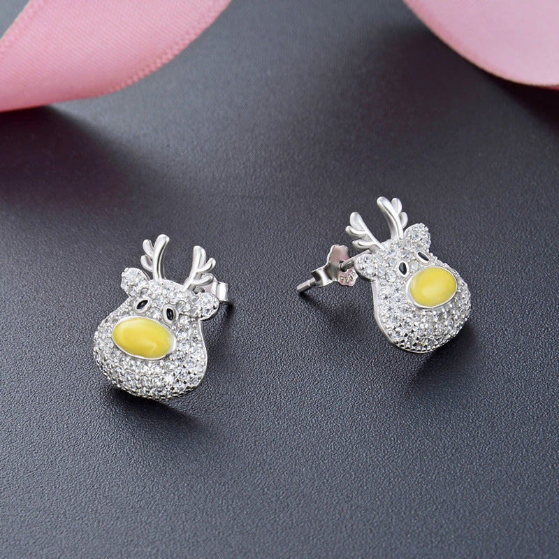 925 Sterling Silver Cute Animal Stud Earrings with Cubic Zirconia - Minimalist Geometric Design, Sweet Style, Plastic Ear Stoppers Included