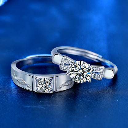 925 Sterling Silver Deer Couple Rings - His 0.3ct & Her 1ct Moissanite Adjustable Luxury Wedding Bands in White Gold Plated
