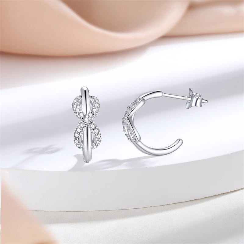925 Sterling Silver Double C Hoop Earrings for Women Elegant Bow Design with Zircon Accents White Gold Plated