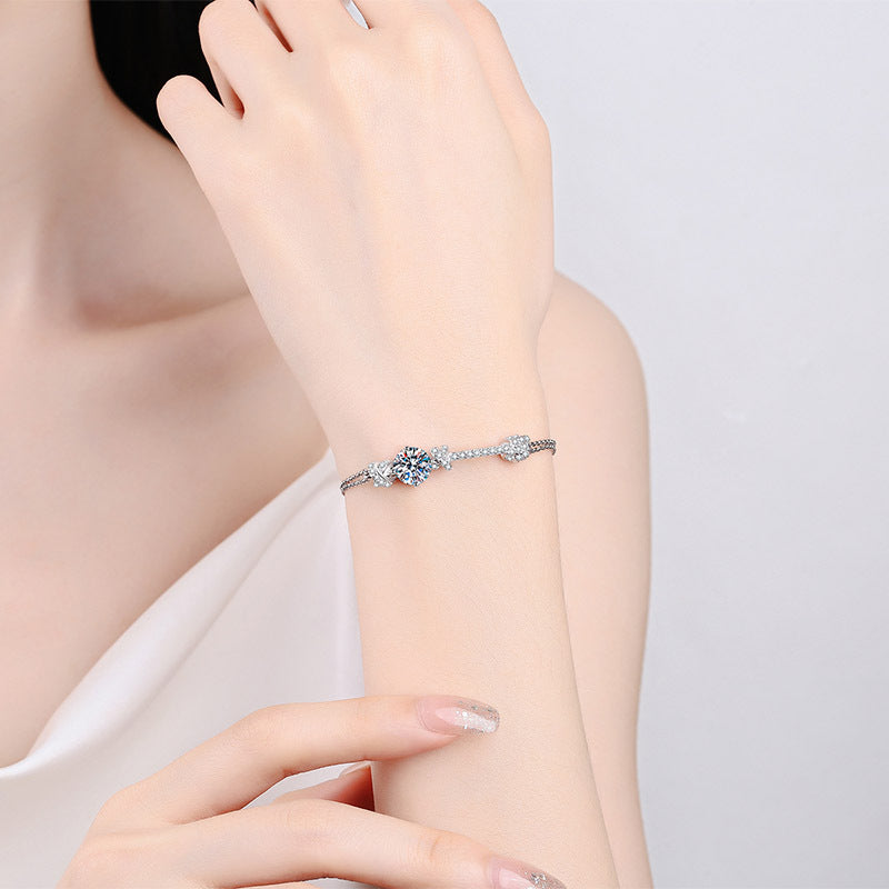 Internet Celebrity Style 5-Layer Rhodium Plated Bracelet - 2ct Moissanite or 8mm Zircon with Peach & Cartoon Design