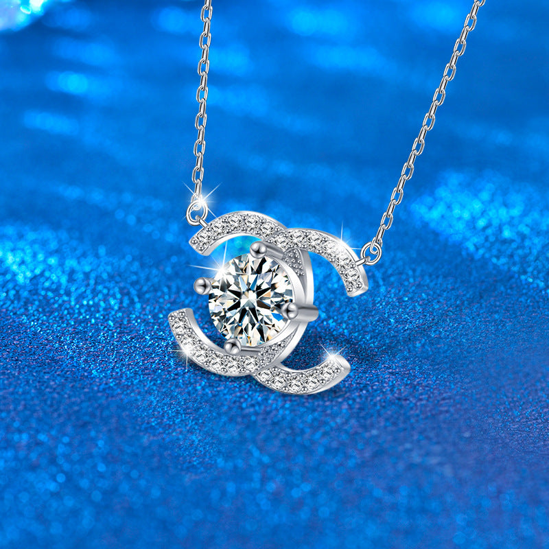 925 Sterling Silver Double Circle Pendant Necklace with 1ct Moissanite Cross Chain Women's Rhodium Plated Jewelry