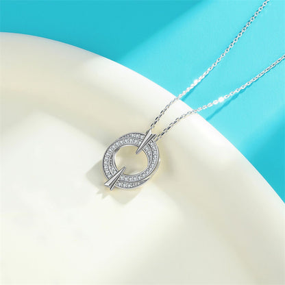 925 Sterling Silver Double Hoop Pendant Necklace - Elegant Round Zirconia Collarbone Chain
