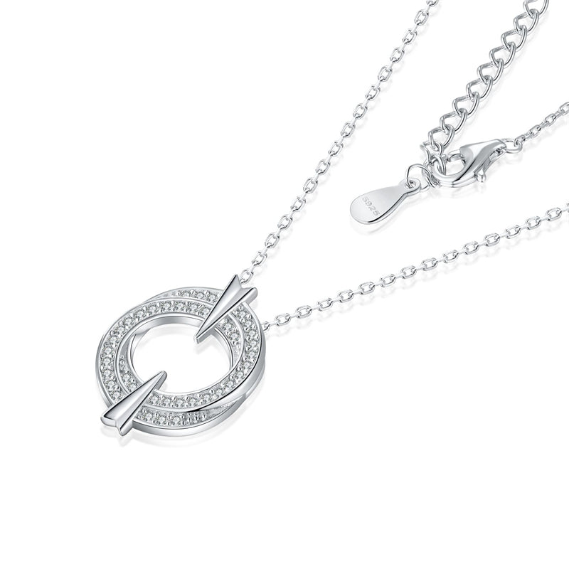 925 Sterling Silver Double Hoop Pendant Necklace - Elegant Round Zirconia Collarbone Chain