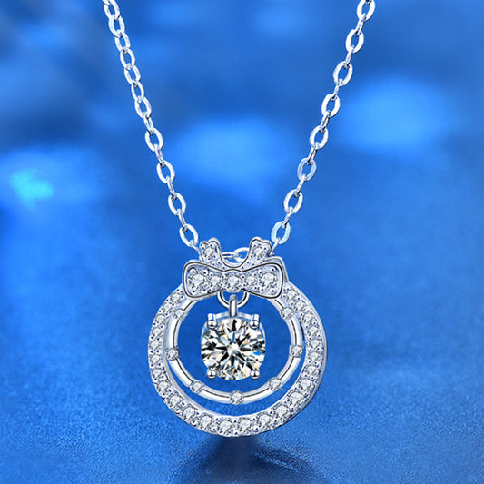 925 Sterling Silver Double Layer Bow Pendant Necklace with 0.5ct Moissanite & Cross Chains White Gold Plated Chic Jewelry