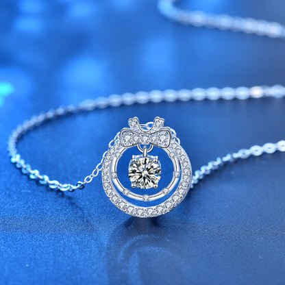 925 Sterling Silver Double Layer Bow Pendant Necklace with 0.5ct Moissanite & Cross Chains White Gold Plated Chic Jewelry