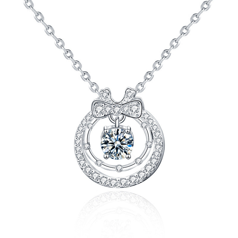 925 Sterling Silver Double Layer Bow Pendant Necklace with 0.5ct Moissanite & Cross Chains White Gold Plated Chic Jewelry